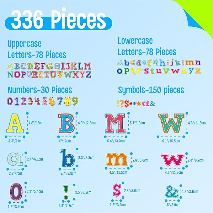 336 PCS Alphabet Combo Set, Large Size Block Letter Uppercase/Lowercase Letters, Numbers & Punctuation, Accents Cutouts for Classroom School Home Room Chalkboard Bulletin Board