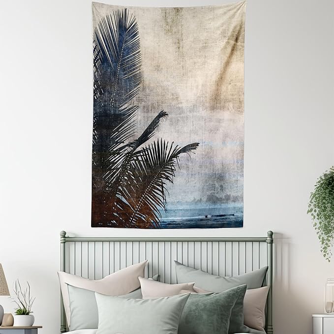 Ambesonne Hawaiian Tapestry, Palm Tree Leaves on Grunge Background with Sea Vintage Waterscape Illustration, Fabric Wall Hanging Decor for Bedroom Living Room Dorm, 30" X 45", Beige Indigo
