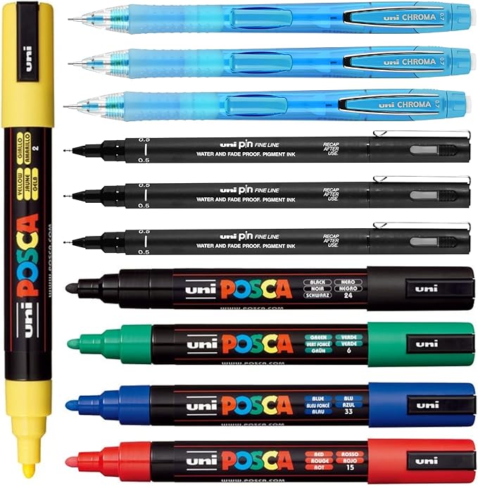 Posca Drawing and Sketching Kit - Primary Color Posca Marker Set of 5 with 5M Medium Tips + 3 Count Uni Pin 0.5mm Fineliners + 3 Count Uni Chroma Mechanical Pencils