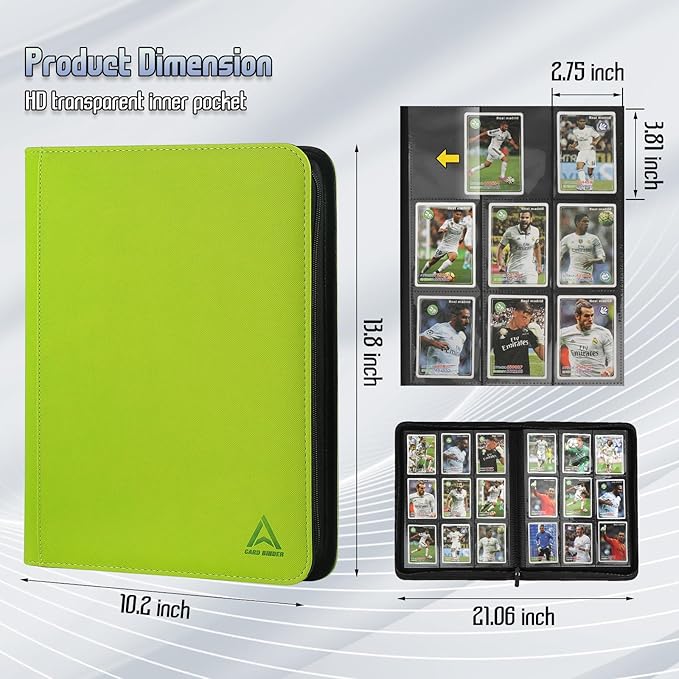 9 Pocket Card Binder - 540 Capacity with Zip Closure Premium, Double-Sided,Sturdy & Sleek PU Leather Protector for MTG, TCG, Sport & Collectible Cards (Grass green)