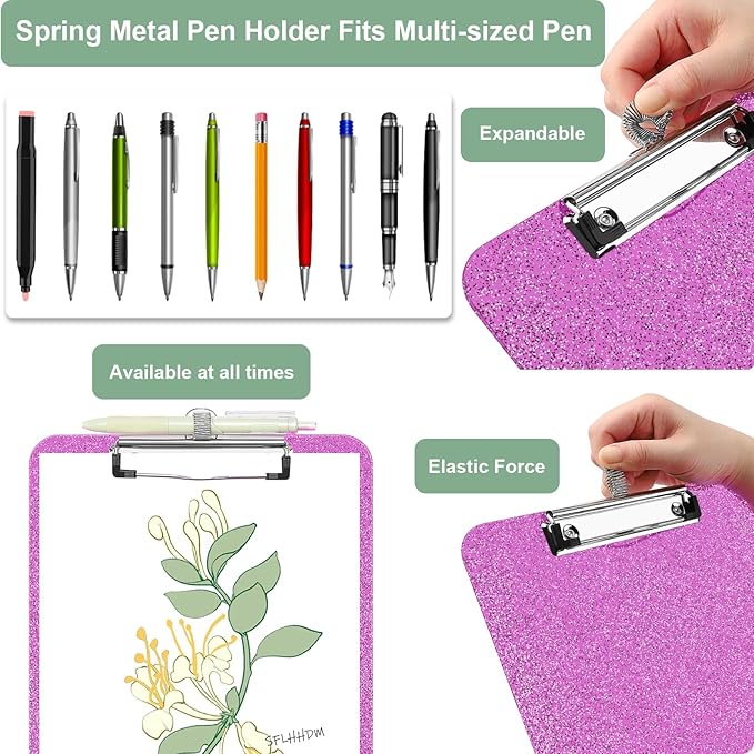 1 Pcs Clear Glitter Clipboards, Plastic Clipboard with Pen Holder,Size 8.85 x 12.4 in Shiny Clipboards with Low Profile Clip,Cute Hanging Clipboard for Office Supplies Sparkly Clip Board-Rose Pink