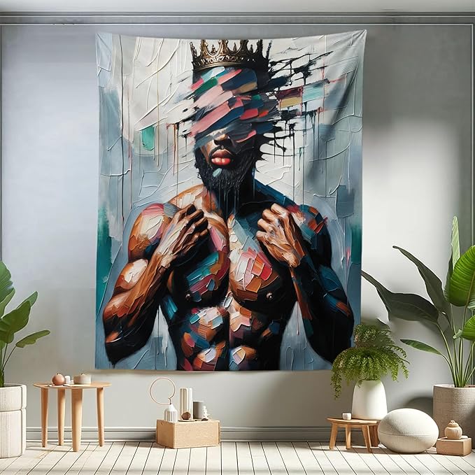 Ambesonne Afro Art Tapestry Twin Size, Strong Black Man with a Crown Face of Strokes Modern Painting Print, Wall Hanging Bedspread Bed Cover Wall Decor, 68" X 88", Blue Grey and Chocolate