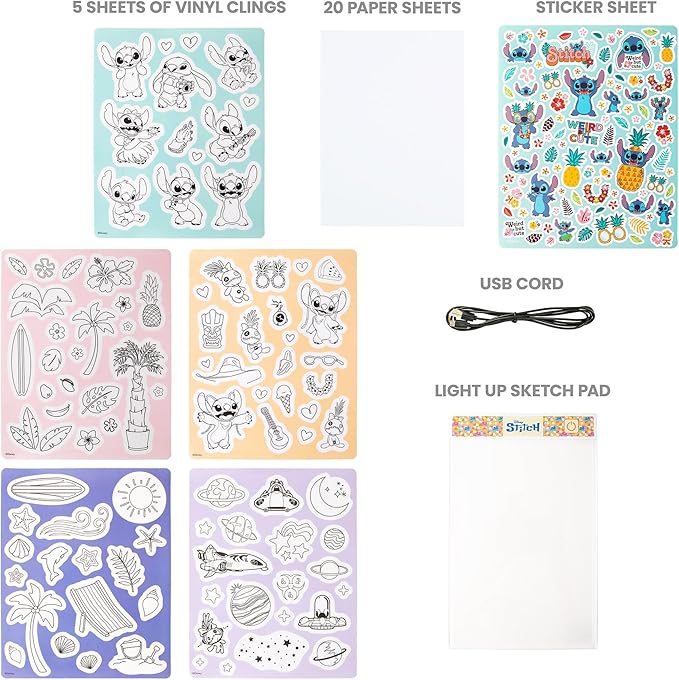 Fashion Angels Disney Stitch Beach Scenes Light Up Sketchpad, Design Kit with Illuminated Tracing Pad, 5 Reusable Vinyl Clings & More, for Kids Ages 8+