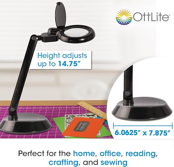 OttLite Space Saving Magnifier LED Desk Lamp, Optical Grade Magnification, Adjustable Arm, Pivoting Head, Portable to Travel, for Crafting & Needlework, Magnifying Glass with Light and Stand, Black