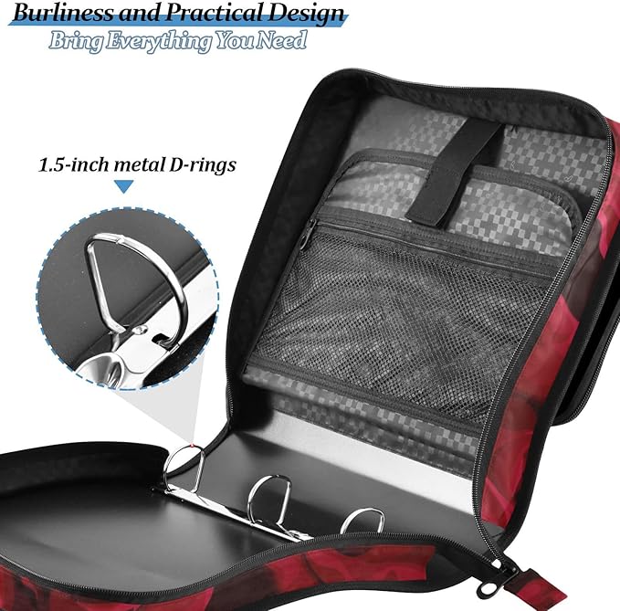 Red Rose Black Roses Zipper Binder Bag 3 Ring Binder with Shoulder Strap Zip Up 500 Sheets Capacity Multi Pockets for School Office Supplies