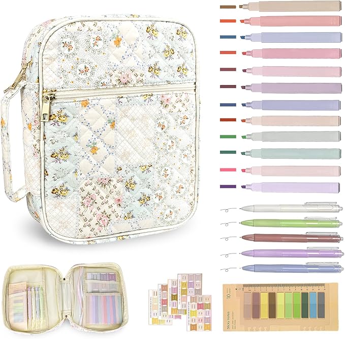 Bible Cover Case for Women,Bible Study Supplies Accessories,Bible Journaling Kit,Pink Flower Carrying Case with Highlighters