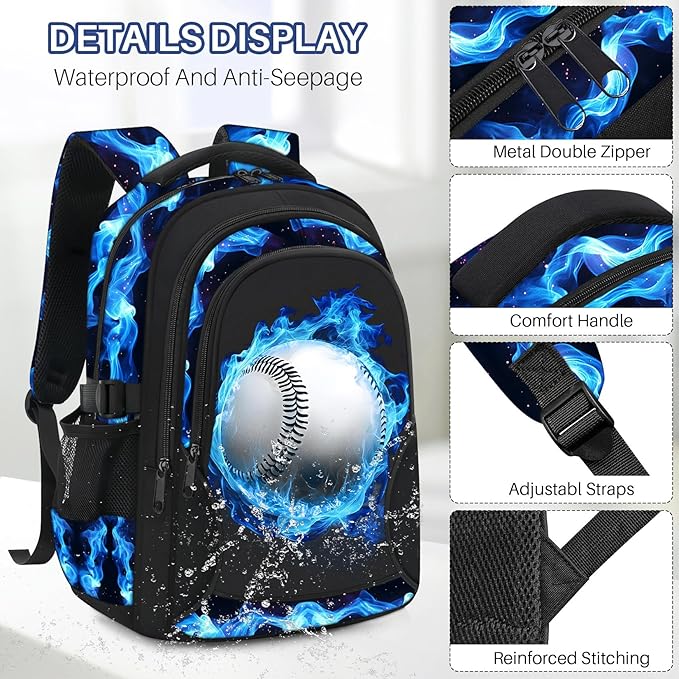 School Backpacks for Boys - 4pcs Baseball Boys Backpacks with Lunch Box Set for Kids Teens Elementary Middle School, 17″ Large Capacity Students Bookbag, Perfect for Travel
