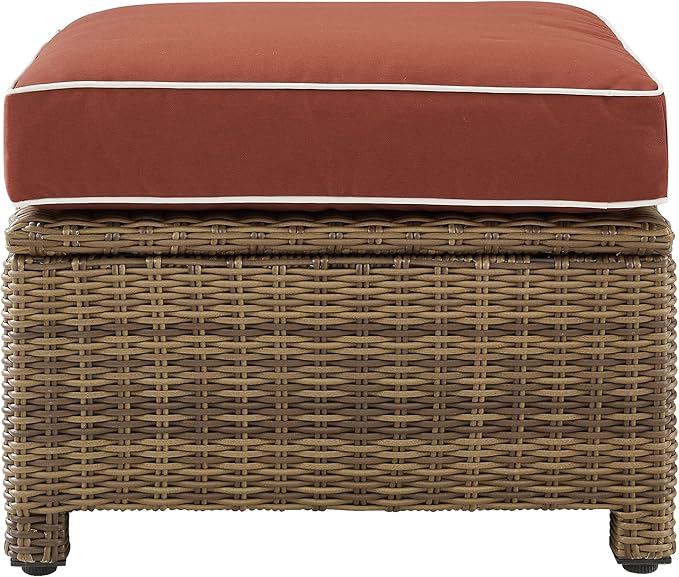 Crosley Furniture Bradenton Wicker Outdoor Ottoman Foot Rest for Patio, Deck, Porch, Brown with Sangria Cushions