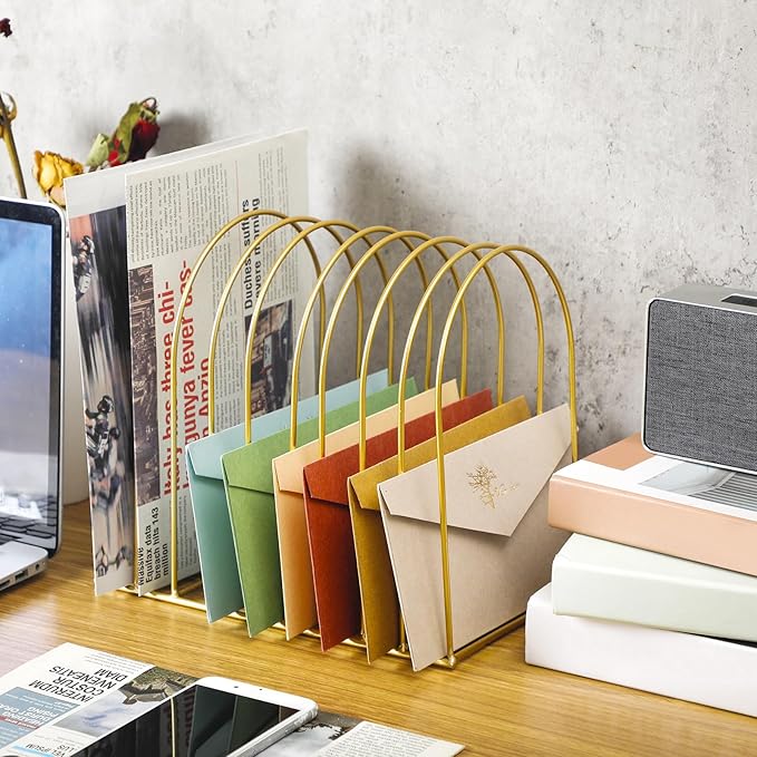 Kosiz 2 Sets Wire File Organizer for Desk 9 Slots Metal File Holder Magazine Folder Mail Desktop Sorter Countertop Folder Stand Racks for Binder Storage School Office Home Photography Prop(Gold)