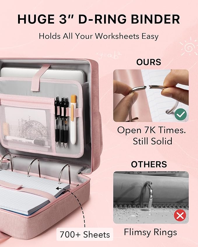 Upgraded 3 Rings Zipper Binder Organizer 3 Inch Zippered Binders with Strap Large Zip Up Portfolio Folder Bag with 9 Pockets Laptop Compartment for Office Travel, Pink