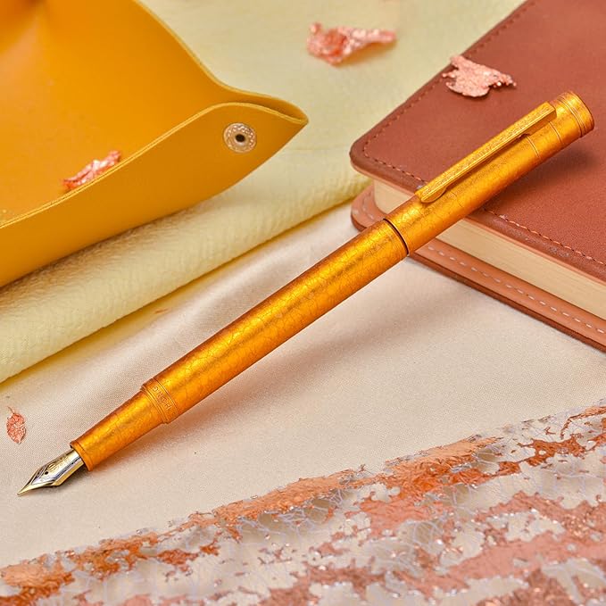 Hongdian 1851 Forest Fountain Pen Golden Ice Flowers, Bent Nib Classic Design with Converter and Metal Pen Case