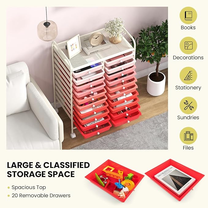 COSTWAY 20-Drawer Rolling Storage Cart, Utility Storage Organizer Cart for Tools, Scrapbook, Paper, Craft, Multipurpose Storage Trolley on Wheels for Home Office School, Mixed Pink