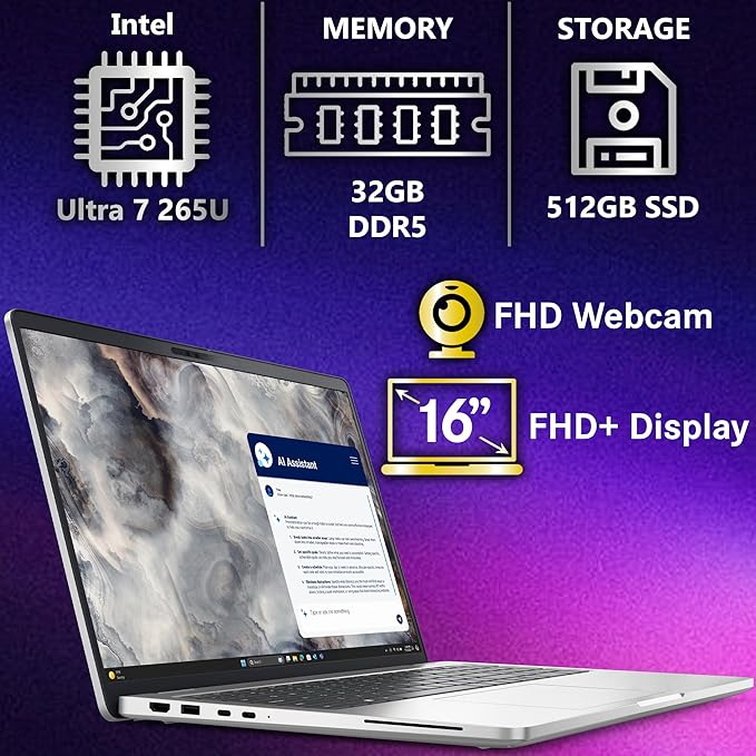 Dell Pro 16 Plus PB16250 (Replaces Latitude 5550) AI Business Notebook 16" FHD+ Intel Ultra 7-265U, 32GB DDR5 RAM, 512GB SSD PCIe, Wi-Fi 6E, BT, Backlit Keyboard, HD Webcam, RJ-45, Win 11 Pro - Silver