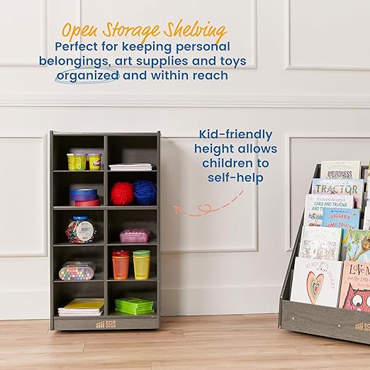 ECR4Kids 10 Cubby Mobile Tray Storage Cabinet, 5x2, Classroom Furniture, Grey Wash