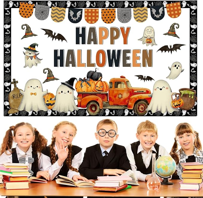Justforjoyful Halloween Bulletin Board Set Vintage Ghost Evil Pumpkin Bat Bulletin Board Happy Halloween Cutouts Classroom Wall Decor for School Home Chalkboard Fall Party Supplies