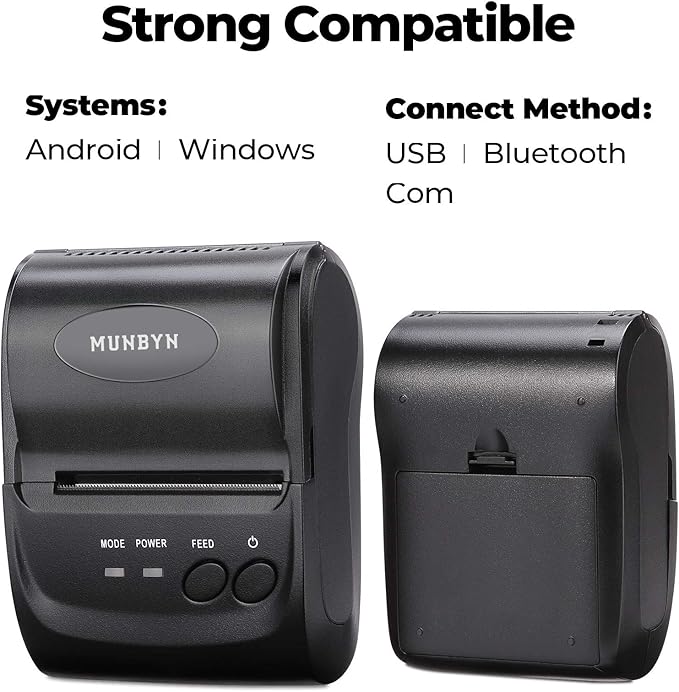 MUNBYN POS Receipt Printer, 58mm Receipt Printer, 2.28inch Wireless Portable Mobile Mini Bluetooth Thermal Printer, Compatible with Android Windows for Small Business, Not-Square, NOT-iOS
