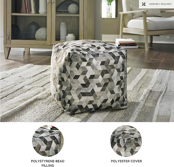 Signature Design by Ashley Albermarle Casual Geometric Patterned Pouf 18 x 18 Inches, Gray & Dark Brown