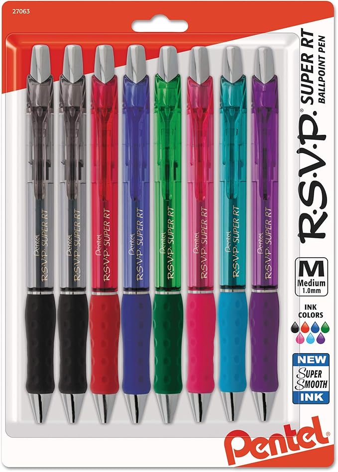 Pentel RSVP Super-Smooth Ballpoint Retractable Pen, Assorted, 8 Pack (BX480BP8M)