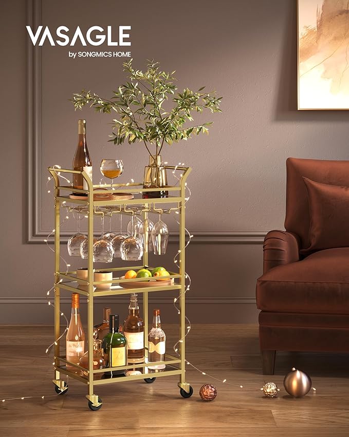 VASAGLE Bar Cart, Home Bar Serving Cart, Small Bar Serving Cart with 3-Tier Shelf, Wine Holders, Glass Holders, Mini Bar Cart for Small Spaces, Kitchen, Dining Room, Living Room, Pale Gold