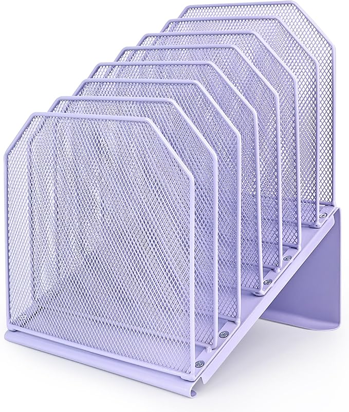 Inclined File Organizer for Desk, 7-Tier Vertical File Folder Holder Office Desk Organizer Metal Rack File Wire Mesh Desktop Document Sorter for Office School Classroom Home (Purple)