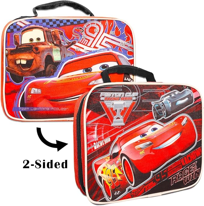Lightning McQueen School Bag with Lunch Box Set - Bundle with 16” Disney Cars Backpack, Lunch Bag, Stickers, More | Lightning McQueen Backpack for Kids