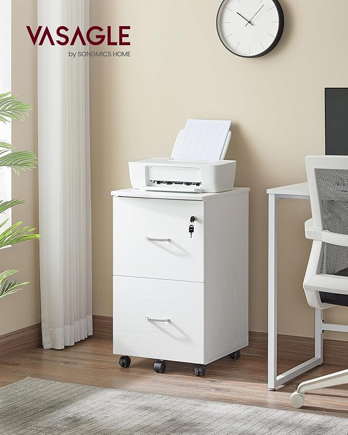 VASAGLE 2-Drawer File Cabinet, Locking Filing Cabinet for Home Office, Small Rolling Printer Stand, A4, Letter-Size Hanging Files, Assembly Required, Snow White ULCD027T46V2