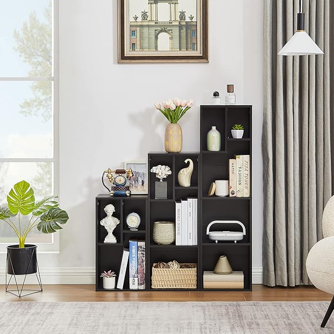 VECELO Small Bookshelf, 4 Cube Slim Bookcase, Fits Tallest Hardcovers, Horizontal Available, Modern Floor Standing Unit, Each Shelf Hold Up to 66 LBS,Black