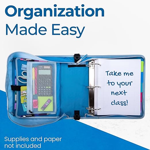 Case-it Mighty Zip Tab School Zipper Binder | 3-Inch O-Rings, 600-Sheet Capacity, 5-Subject Expanding File Folder, Multiple Pockets & Storage Organizer, Shoulder Strap | D-146 Watercolor Sky
