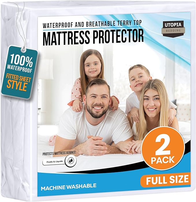 Utopia Bedding Waterproof Mattress Protector Full Size 2 Pack, Premium 200 GSM Terry Mattress Cover, Soft & Breathable Bed Cover, Fitted Sheet Style with Stretchable Deep Pockets 15" (White)