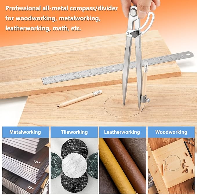 WORKLION Woodworking Compass Geometry Tool - Professional Locking Drafting Compass with Pencil Holder - 12 Inch Metal Geometry Compass for Drawing Circles and Geometry.