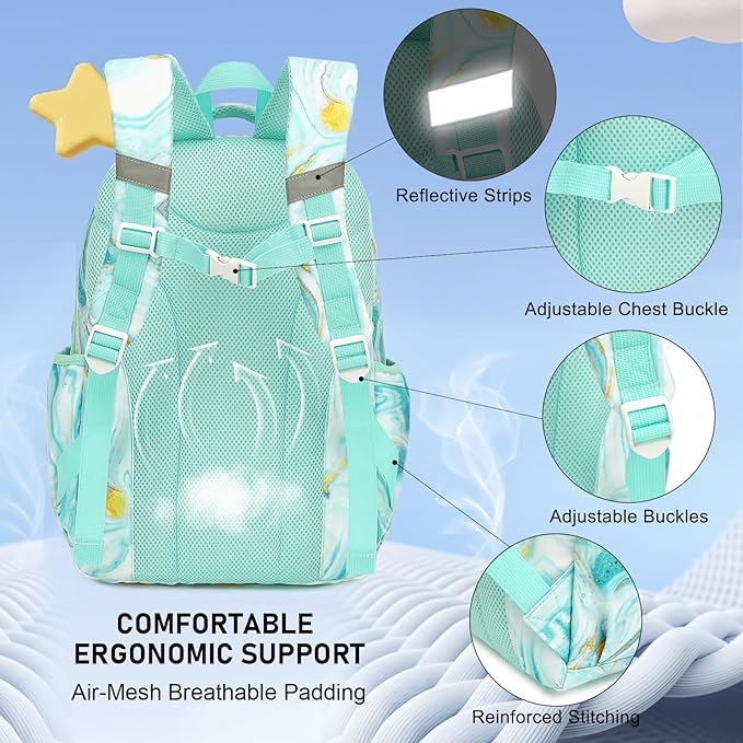 Girls School Backpack Set - Teens Kids School Bag Bookbag with Lunch Box Pencil Case for Elementary Middle School (Turquoise Marble)