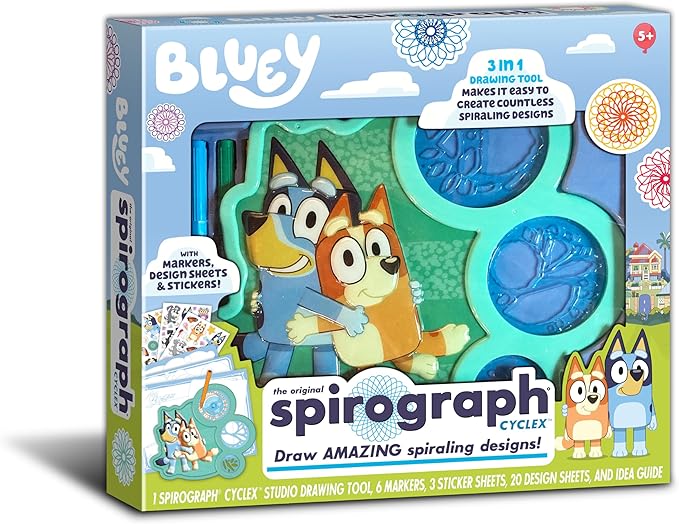 Spirograph Cyclex Set Bluey Drawing Kit, Arts and Crafts, Bluey Toys, Art Supplies, Stickers for Kids, Spiral Art, Markers, Design Sheet Included, Ages 5+