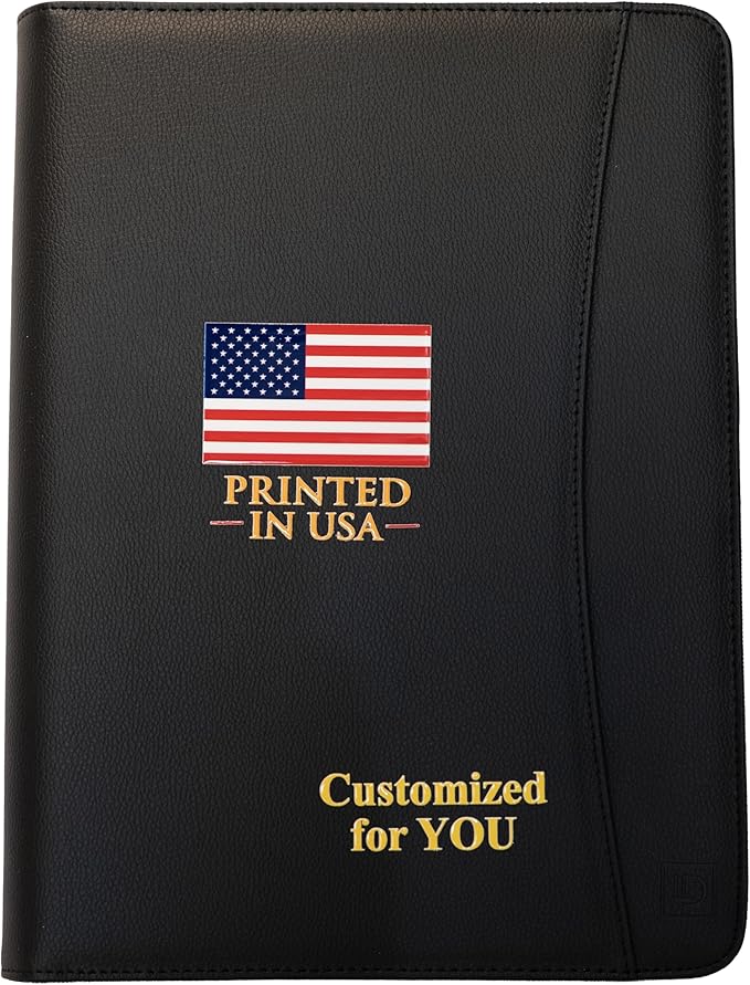 Customized Leather Portfolio Padfolio - Name/Logo Printed on Black Personalized Faux Leather Business Portfolio Binder & Organizer Folder with 10.5 Inch Tablet Sleeve