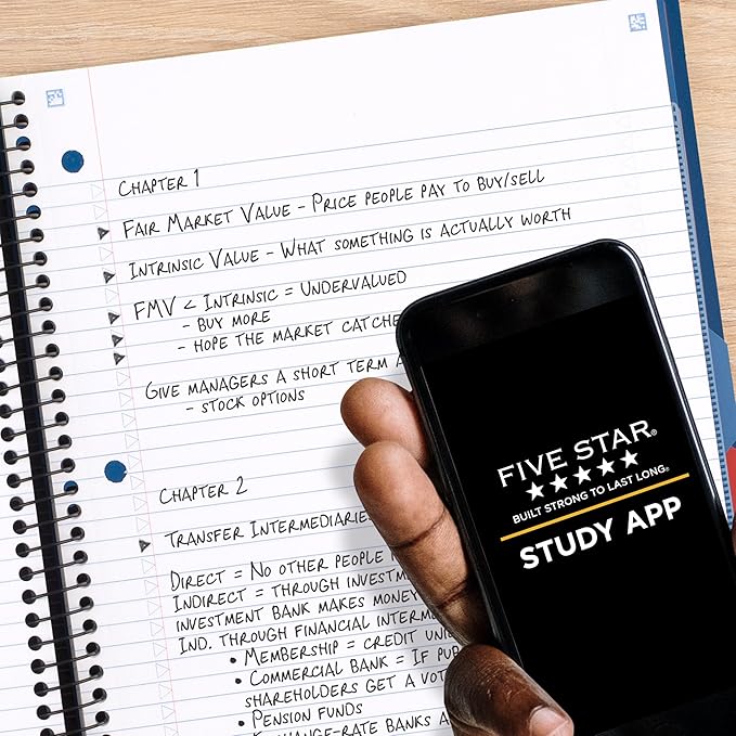 Five Star Advance Spiral Notebook + Study App, 3 Subject, College Ruled Paper, 8-1/2" x 11", 150 Sheets, Spiral Guard, Movable Tabbed Dividers, Black (73132)