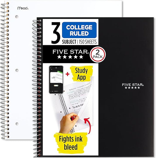 Five Star Spiral Notebooks + Study App, 2 Pack, 3 Subject, College Ruled Paper, 11" x 8-1/2", 150 Sheets, Black, White (73015)