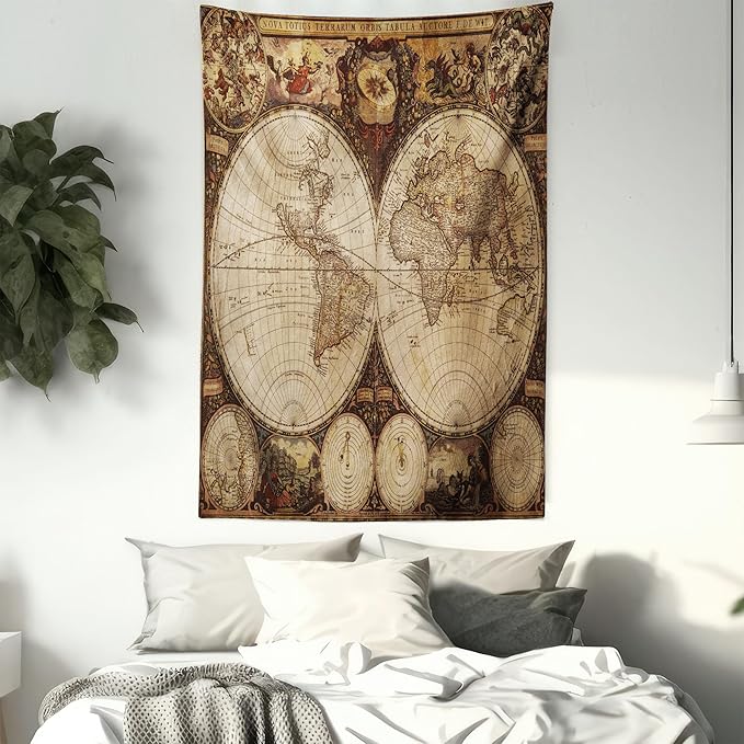 Ambesonne World Map Tapestry King Size, Old World Map Drawn in 1720s Nostalgic Style Art Historical Atlas Vintage Design, Wall Hanging Bedspread Bed Cover Wall Decor, 68" X 88", Multicolor