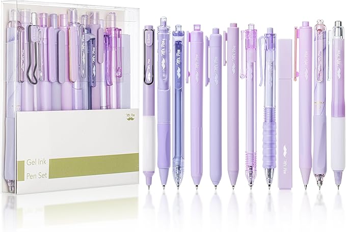 Mr. Pen- Gel Pen Set, 12 Pack, Pastel Purple Barrels, 1 x Aesthetic Highlighter, 0.5mm Purple Pens with Black Ink