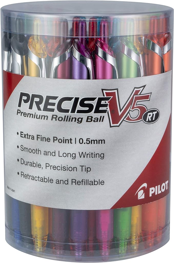 Pilot Precise V5 RT Refillable & Retractable Rolling Ball Pens, Extra Fine Point Pens, 0.5 mm, Vibrant Bulk, Pack of 48 - Ideal for School, Journaling & Office Writing
