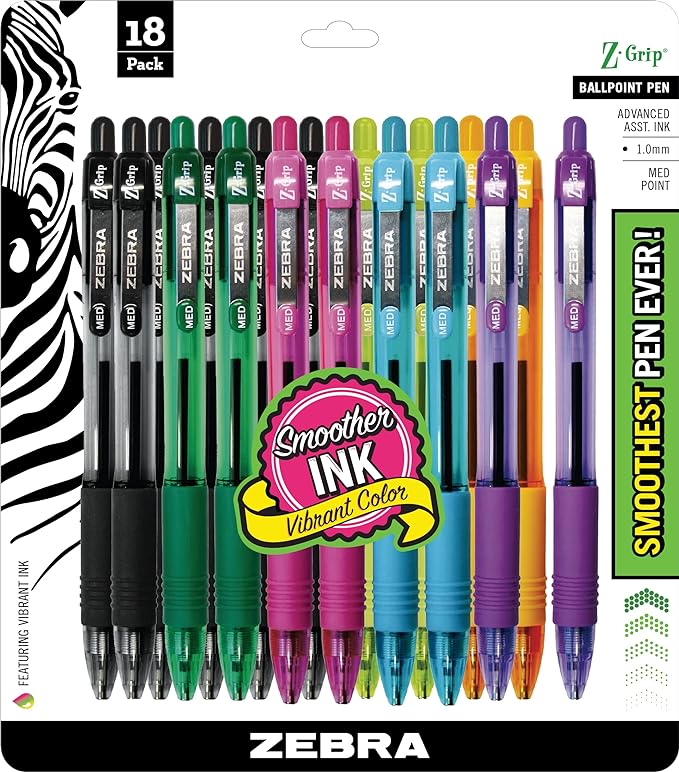 Zebra Pen Z-Grip Retractable Ballpoint Pen, Smooth-Flowing Assorted Fashion Colors, 1.0mm Medium Point, School & Office Supplies, Ideal for Note-Taking, Journal and Planner Use, 18-Pack (22208)
