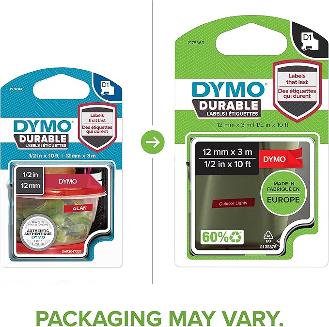 DYMO D1 Durable Labeling Tape for LabelManager Label Makers, White Print on Red Tape, 1/2" W x 10' L, 1 Cartridge (1978366)
