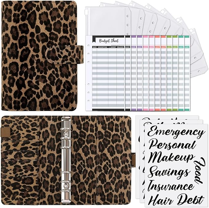 SKYDUE A6 Budget Binder with Zipper Envelopes, Money Organizer for Cash with 12Pcs Expense Budget Sheet & 24Pcs Stickers, Cash Envelopes for Budgeting and Saving