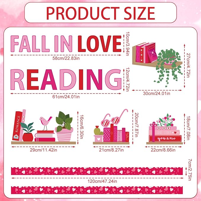 Valentine Bulletin Board Decorations - Valentine Reading Classroom Decorations, Heart Book Paper Cutouts Set for School Library, Valentines Day Chalkboard Office Wall Decor Supplies