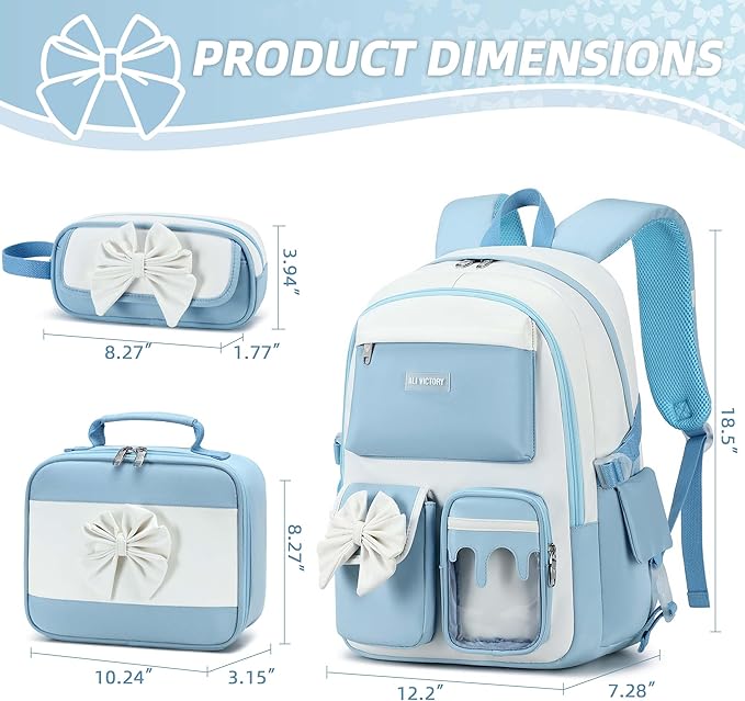 School Backpack for Girls 3PCS Nylon Kids Backpack Set with Lunch Box & Pencil Pouch, Cute Lightweight Teen Girls School Bag Laptop Bag Travel Daypack for Elementary Middle High School Beige Blue