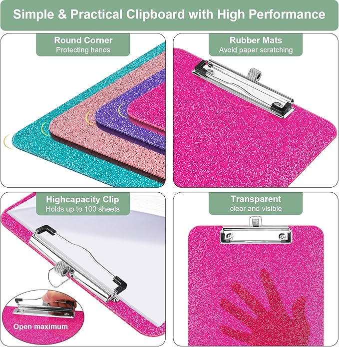1 Pcs Clear Glitter Clipboards,Plastic Clipboard with Pen Holder,Size 8.85 x 12.4 in Shiny Clipboards with Low Profile Clip,Cute Hanging Clipboard for Office Supplies Sparkly Clip Board-Hot Pink