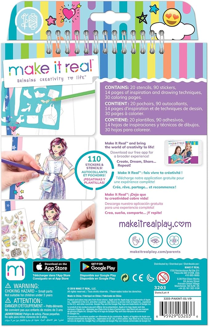 Make It Real Fashion Design Sketchbook for Girls - Digital Dream Kit with 110 Stickers, Stencils, Design Guide - Emoji & Food Inspired Fashion, Creative Gift Kids Ages 6+, Develops Real-World Skills