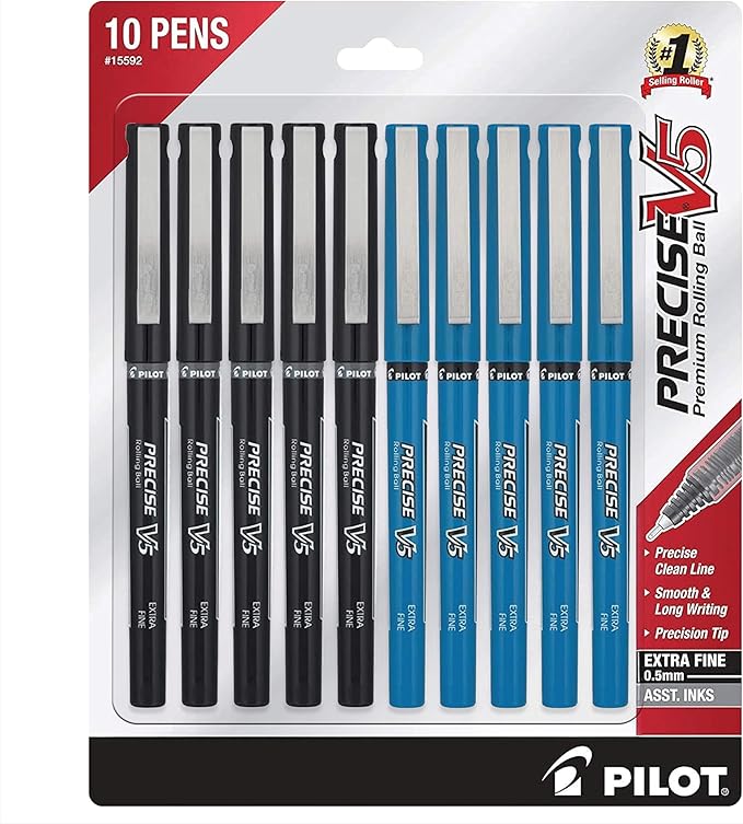 PILOT Precise V5 Rolling Ball Pen Extra Fine Point 0.5mm, 5 Black and 5 Blue Liquid Ink Rollerball Pens. pack of 10