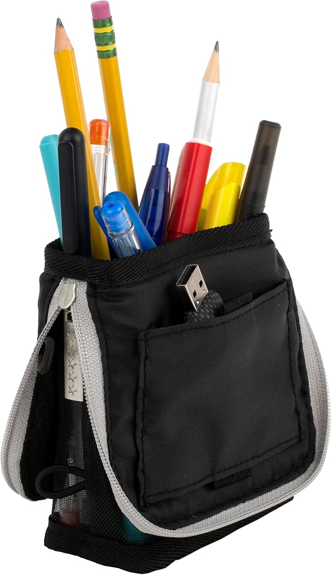 Five Star Pencil Pouch, Pen Case, Stand 'N Store Zipper Pouch, Fits 3-Ring Binder, Storage Organizer for Supplies Earbuds Chargers Cables Makeup, Black/Grey (505160A-ECM)