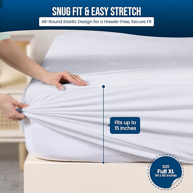 Utopia Bedding Waterproof Mattress Protector Full XL Size 2 Pack, Premium 200 GSM Terry Mattress Cover, Soft & Breathable Bed Cover, Fitted Sheet Style with Stretchable Deep Pockets 15" (White)