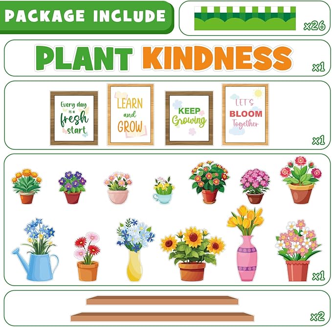 Spring Flower Bulletin Board Set, Colorful Floral Classroom Decorations Flowers Educational Poster Cutouts March April Home Library Window Wall Party Decor for Teacher(Plant Kindness)