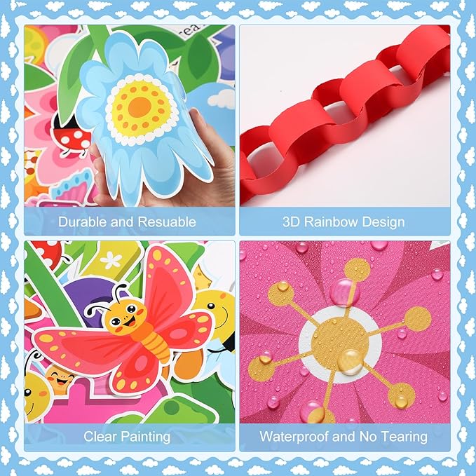 Religious Spring Bulletin Board Set Spring Rainbow Flower Classroom Decorations Christian Clouds Paper Cutouts for Door Wall Decor Easter Church Sunday School Supplies